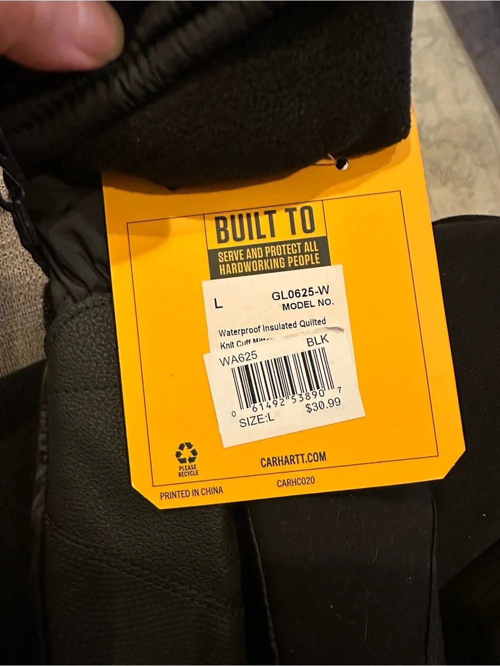 Carhartt Black Quilted Insulated Mittens Size Large